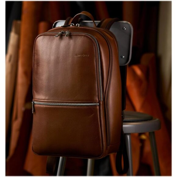 Men's Cognac Classic Leather Slim Imported Zipper Nylon Laptop Pocket Backpack - Picture 2 of 8